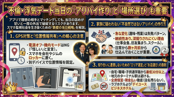 不倫や浮気デート当日の「アリバイ作り」と「場所選び」も重要